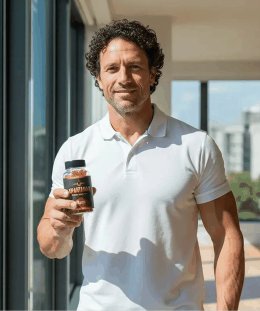 Active man in his forties holding a bottle of Spartamax men's vitality gummies