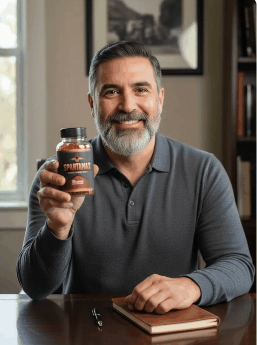 Man in his fifties at a desk holding Spartamax gummies bottle