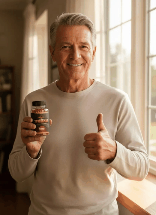 Older man giving a thumbs up while holding Spartamax vitality supplement